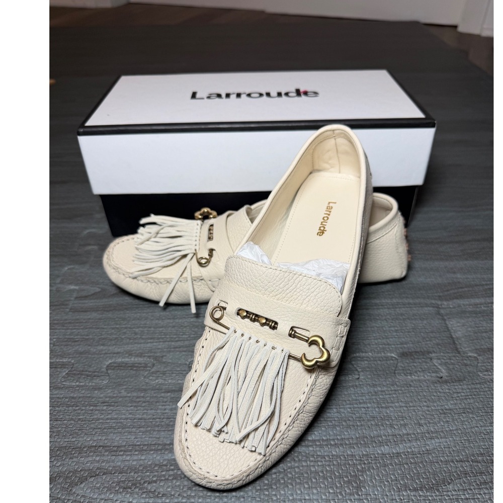 Larroude Joy Ivory Pebbled Leather Driving Loafers Fringe Safety Pin Size 8